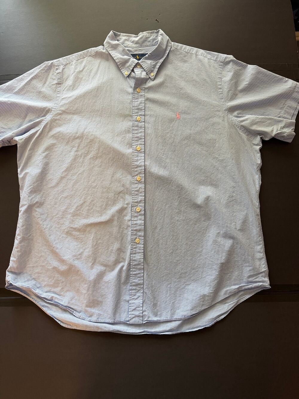 Ralph Lauren Mens XXL Blue White Gingham Short Sleeve Shirt Pink Pony